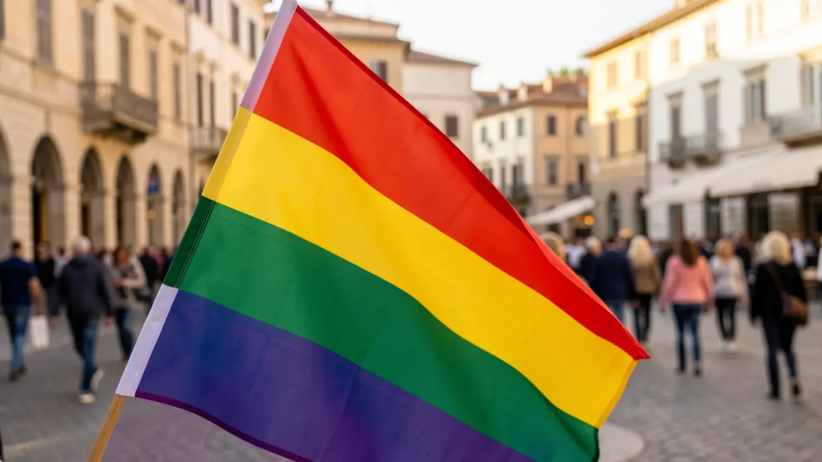 Rainbow flag unfurled in front of a Mediterranean city square.