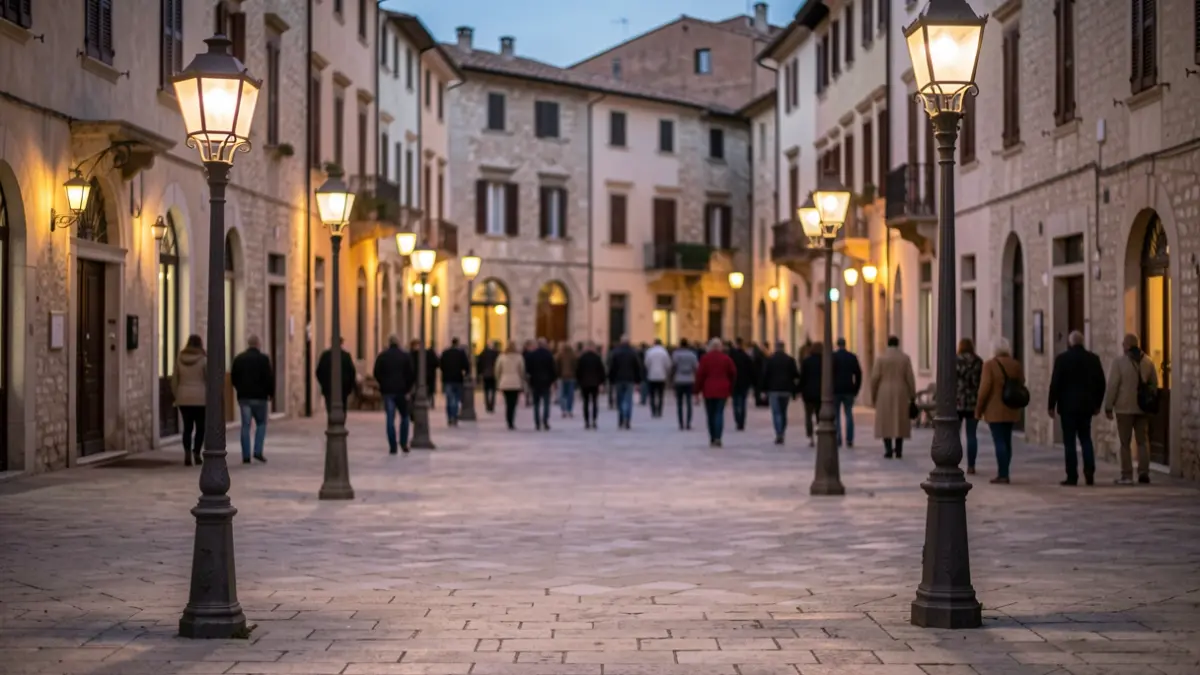 Generic image of an urban square in a Mediterranean city at dusk.