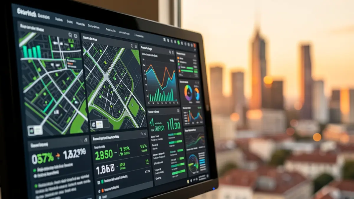 Imatge genèrica d'una interfície digital amb dades urbanístiques i mètriques de sostenibilitat.