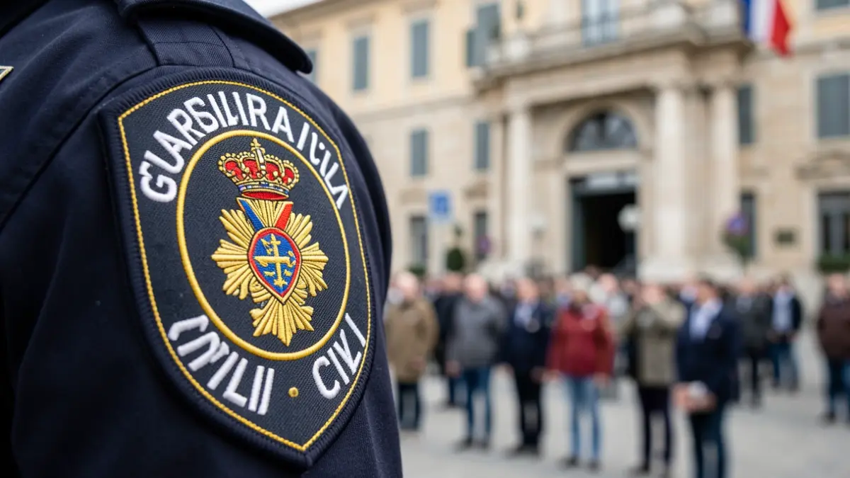 Imagen genérica de una placa de la Guardia Civil con un edificio municipal al fondo.