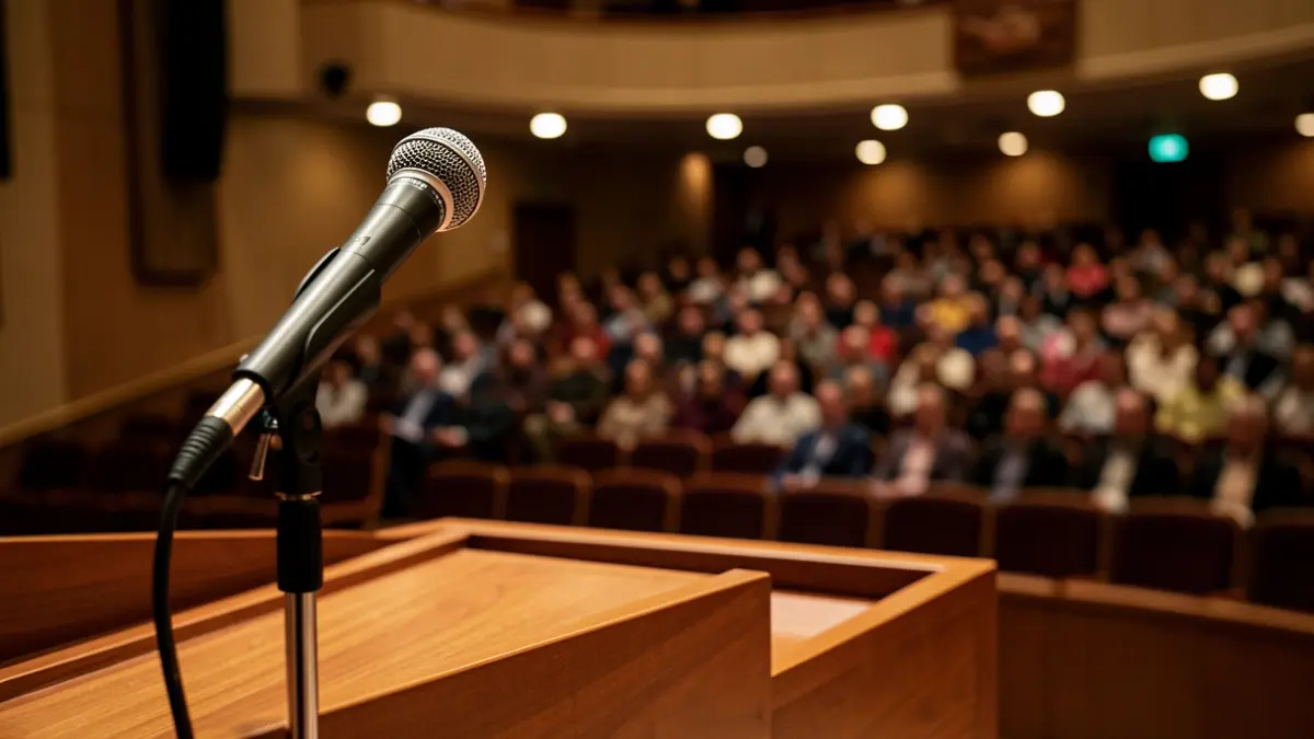 Generic image of a microphone on an empty stage.