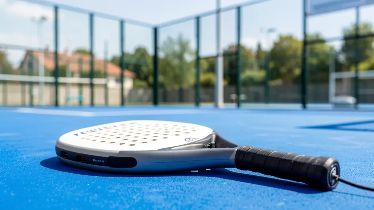 Imagen genérica de una raqueta de pádel sobre una pista azul en un centro deportivo.