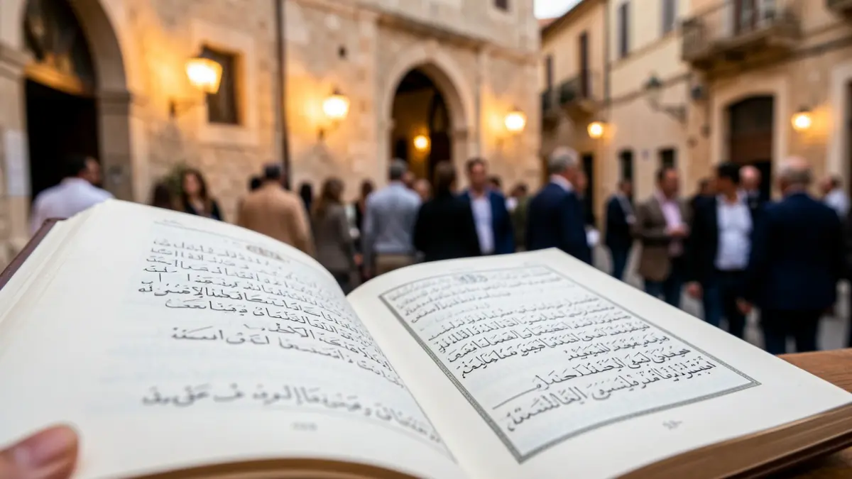 Imatge genèrica d'un llibre obert amb cal·ligrafia àrab i arquitectura mediterrània.