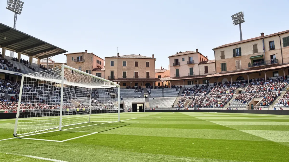Generic image of a football stadium with a green pitch and goal net.
