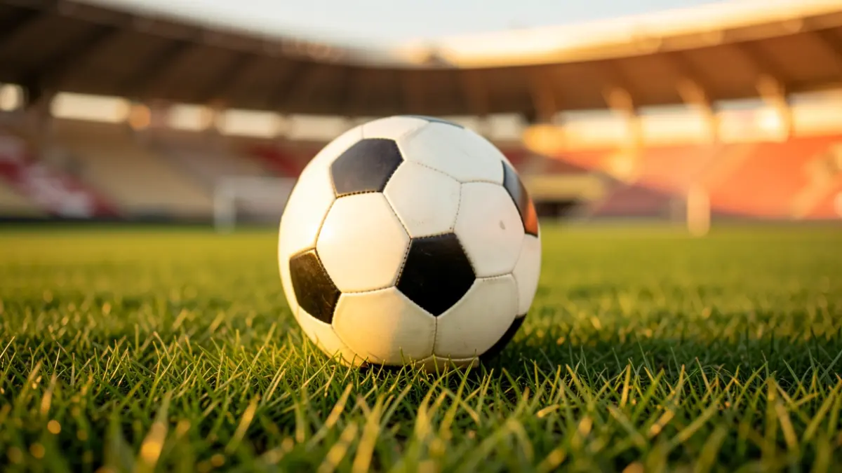 Generic image of football with a ball on the grass of a stadium.