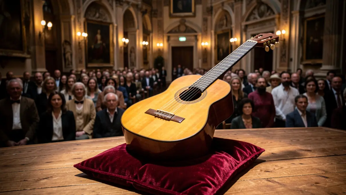 Generic image of a classical guitar on a historical stage.