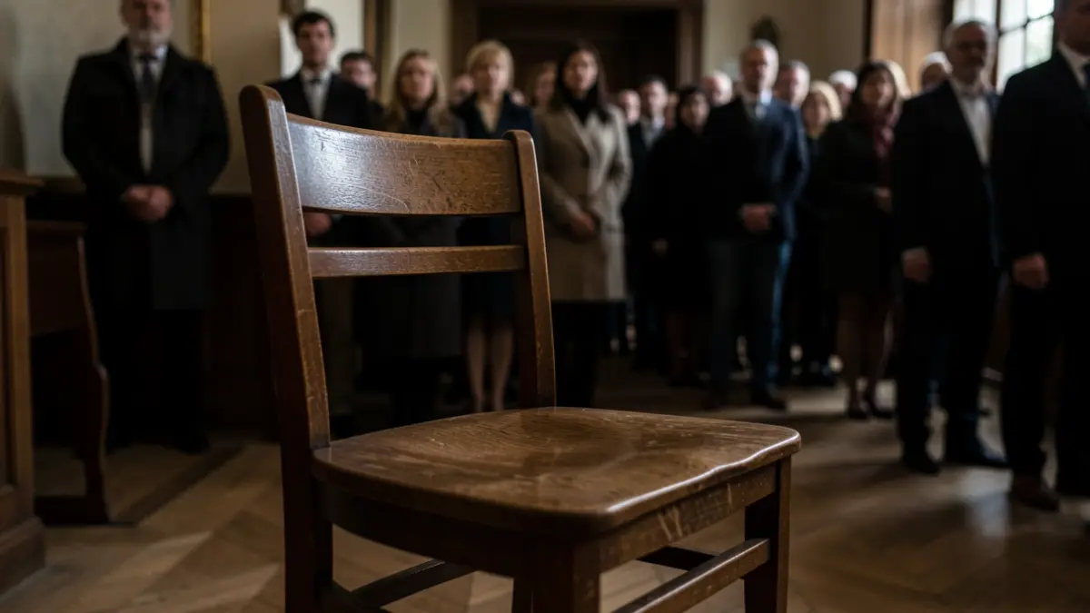 Generic image of an empty chair in a solemn space.
