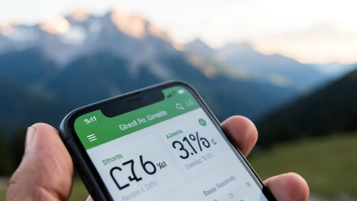 Imagen genérica de una aplicación de salud en un teléfono móvil con datos de pasos y altitud, con un paisaje montañoso desenfocado al fondo.