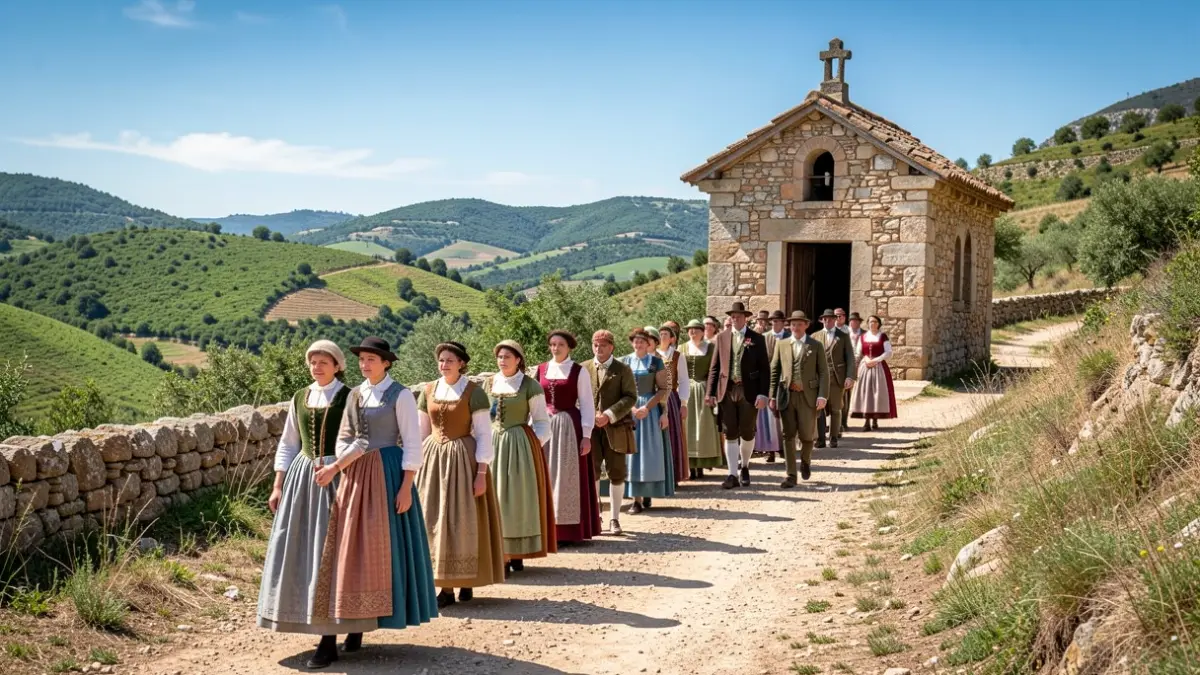 Generic image of pilgrims in traditional attire walking towards a hermitage.