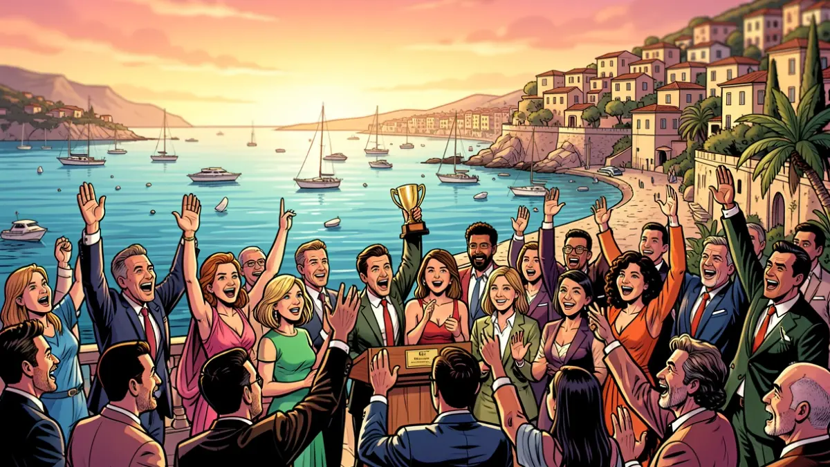 Imagen genérica de una ceremonia de premios de cómics con personajes estilizados y la costa mediterránea.
