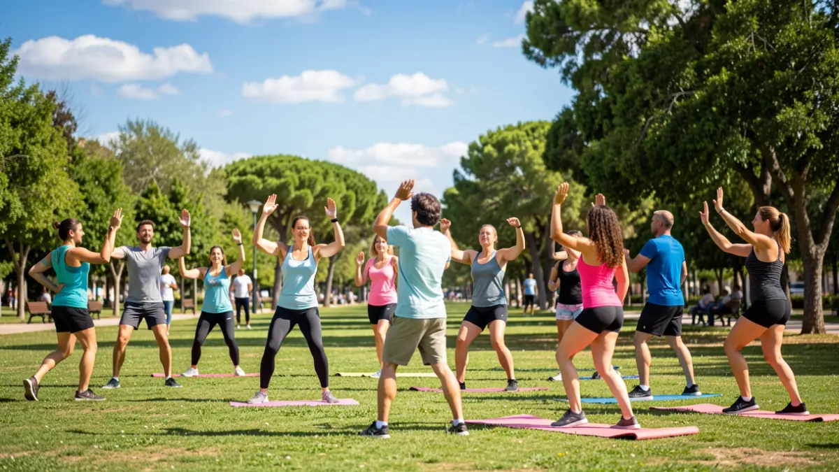 Generic image of an outdoor fitness class in a park.