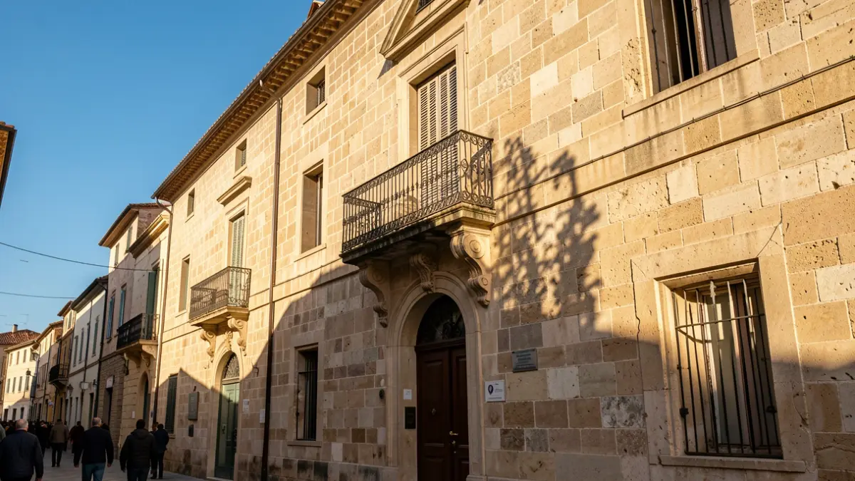 Façana d'un ajuntament mediterrani amb balcó i cel blau.