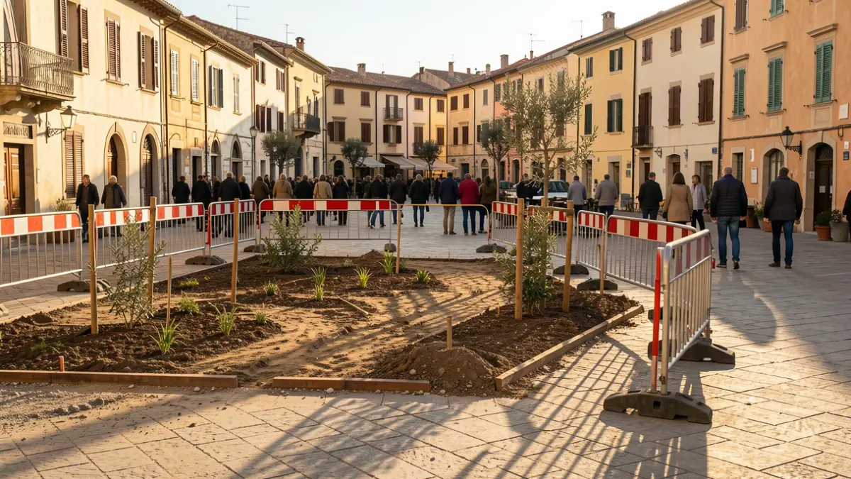 Imatge genèrica d'obres urbanes paralitzades amb elements de jardineria.
