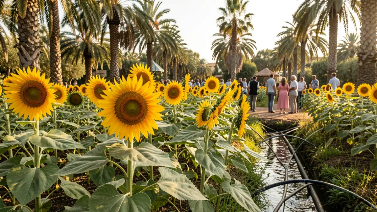 Imatge de girasols plantats en un hort de palmeres amb canals d'aigua.