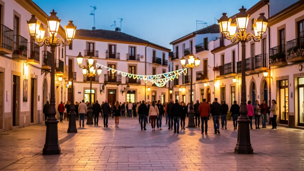 Generic image of a Valencian town square at dusk with festive lighting.