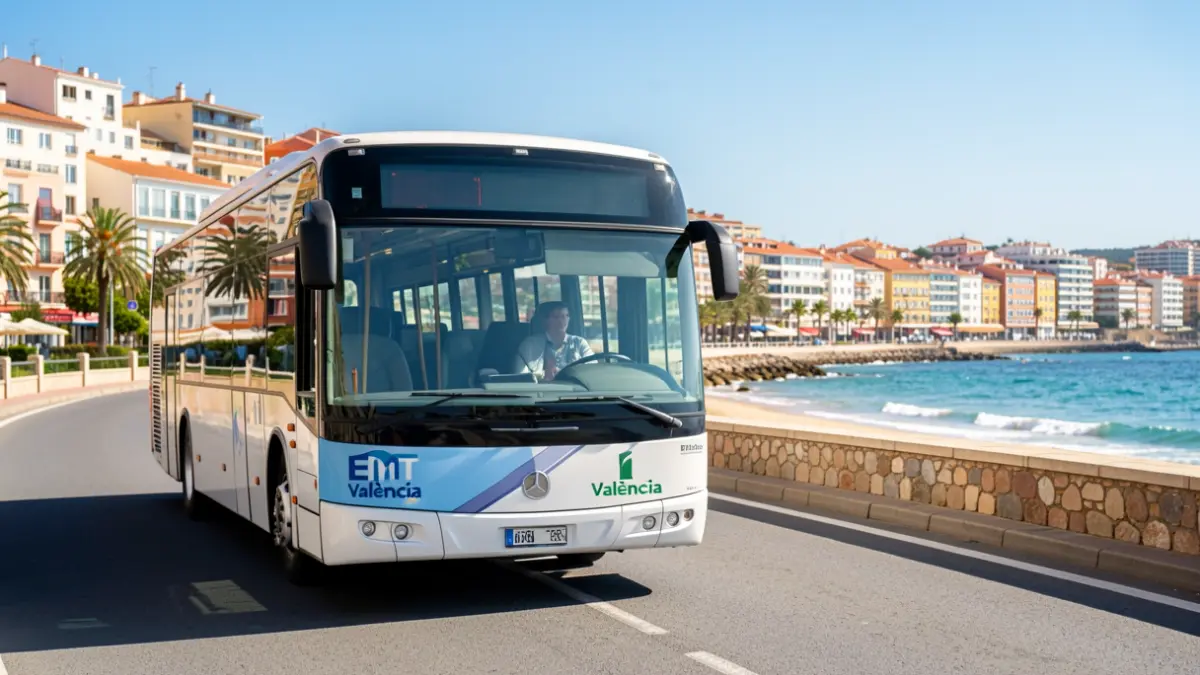 EMT València bus driving along the coast towards the beach on a summer day.