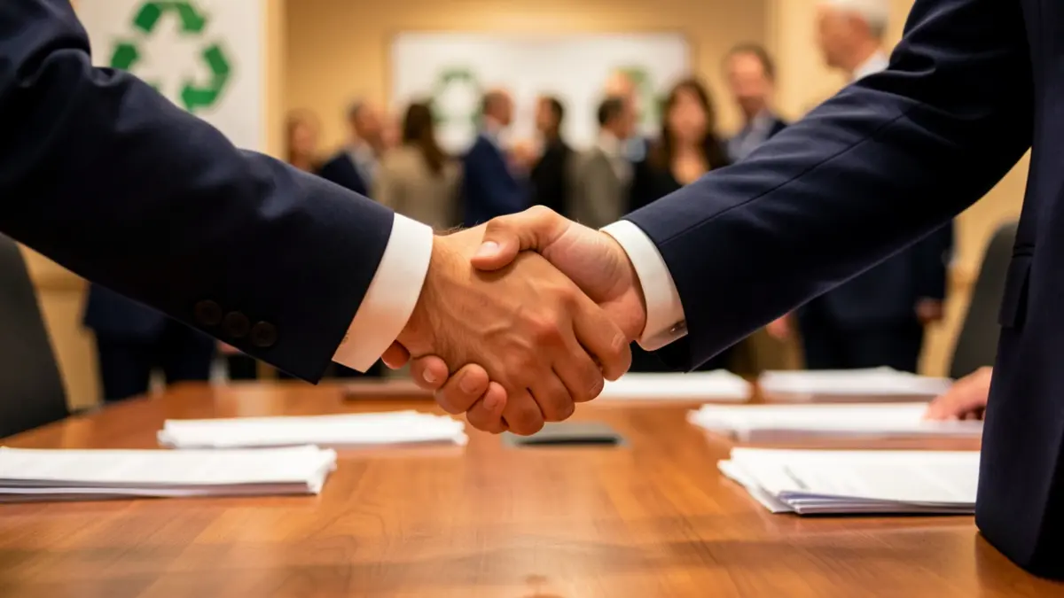 Imagen genérica de dos personas dándose la mano sobre una mesa con papeles, con un toque de símbolos de reciclaje al fondo.