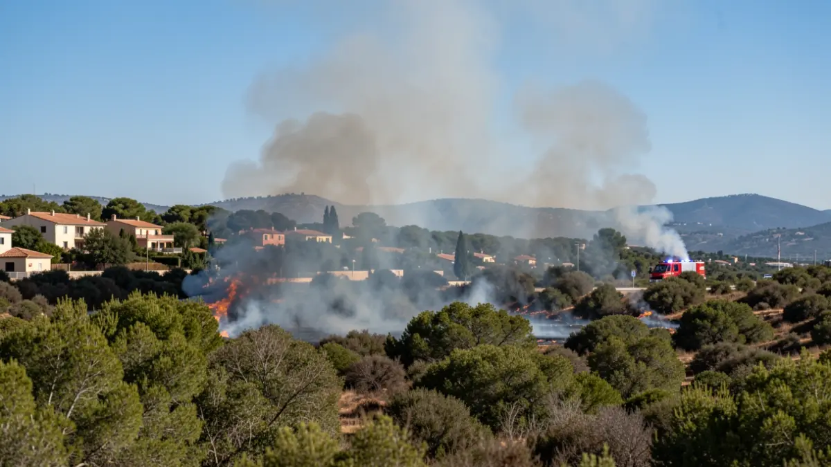 Generic image of a controlled wildfire with smoke and emergency lights.