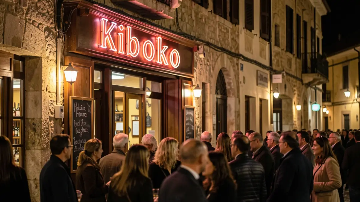 Imagen genérica de un pub histórico con el nombre 'Kiboko' iluminado de noche.