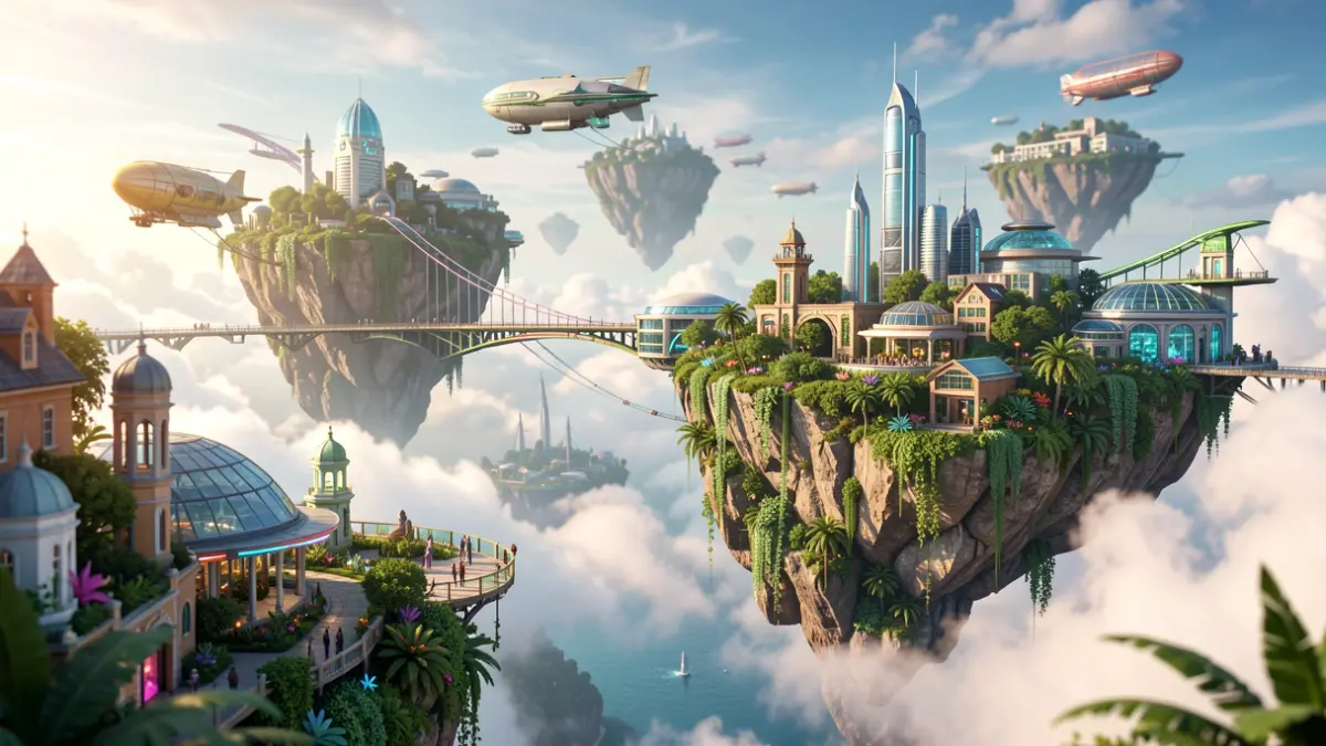 Imatge genèrica d'illes flotants connectades per dirigibles en un paisatge de ciència-ficció.