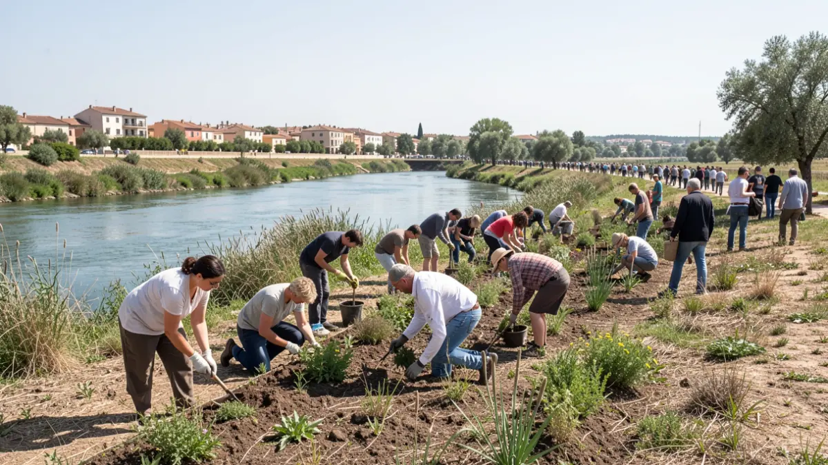 Estudiants plantant vegetació autòctona a la vora del riu Palància a Sagunt.