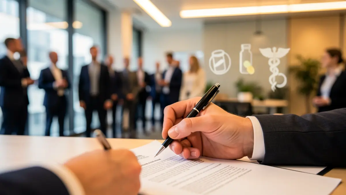 Imagen genérica de una mano firmando un documento financiero en un entorno profesional.