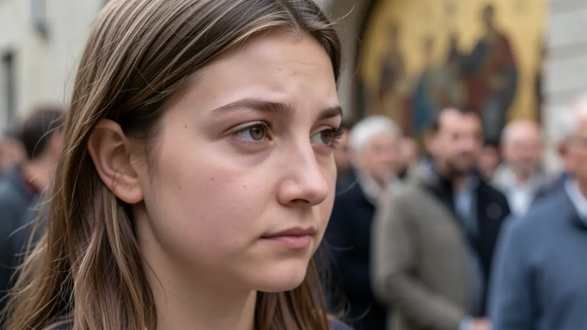Generic image of a young woman with a thoughtful expression and a hint of religious iconography in the background.