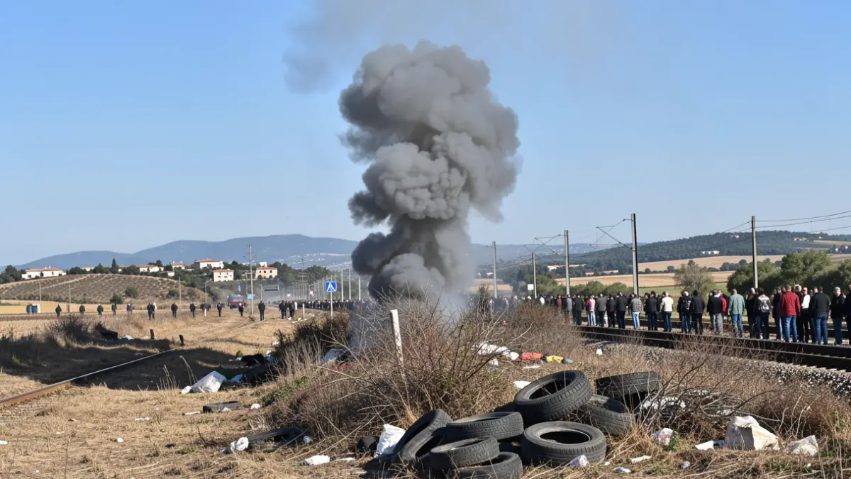 Column of grey smoke over dry vegetation and debris including tires near train tracks.