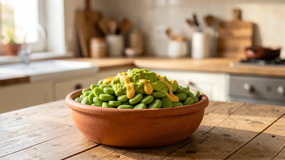 Plato de habas sacudidas con allioli de aguacate y huevo marinado.