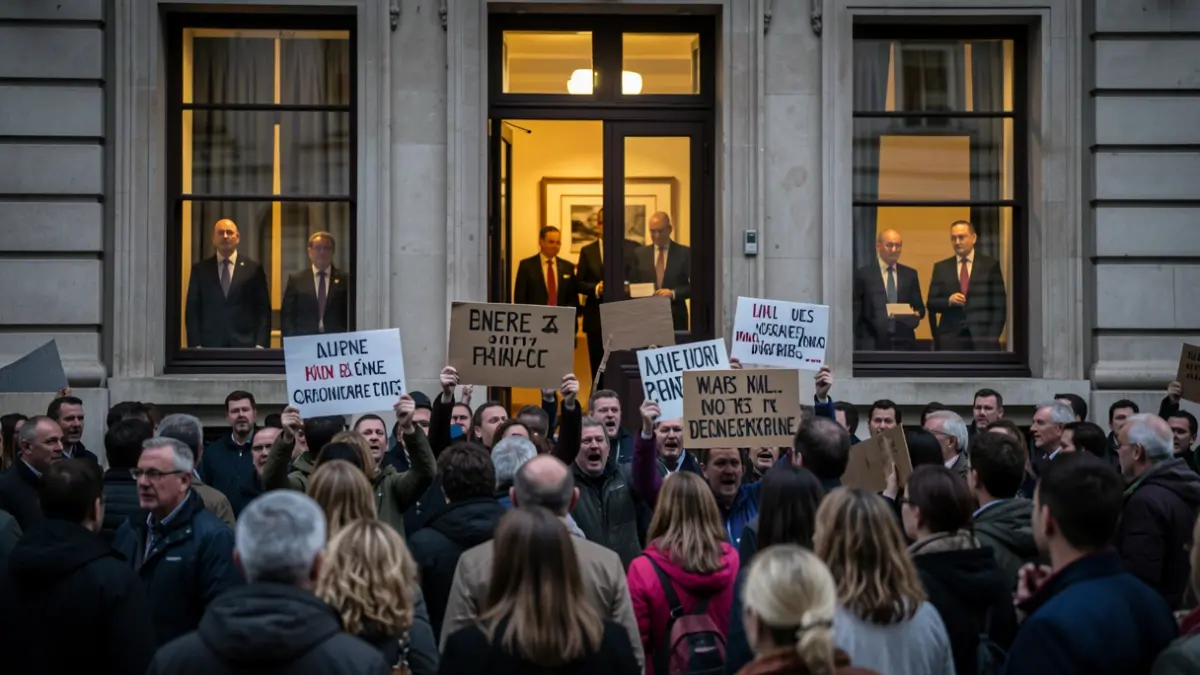 Imagen genérica de manifestantes protestando fuera de un edificio institucional.