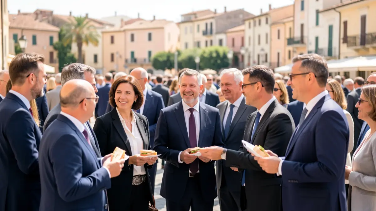 Generic image of a political event with attendees and informal food in a Mediterranean setting.