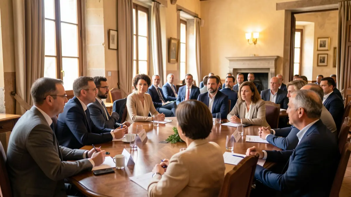 Imatge genèrica d'una reunió política amb assistents i elements arquitectònics mediterranis.