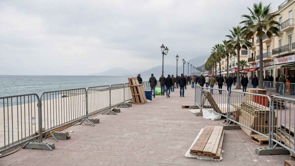 Imatge genèrica d'un passeig marítim buit amb materials de construcció.
