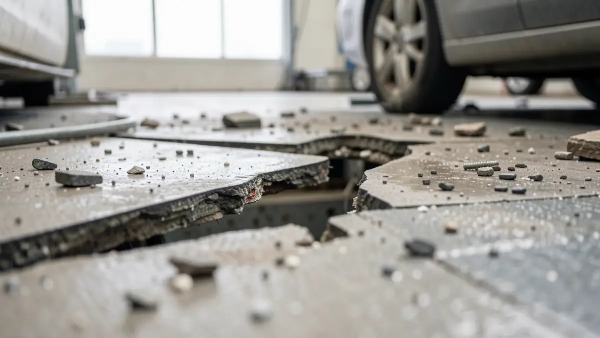 Generic image of a car wash interior with a broken floor.