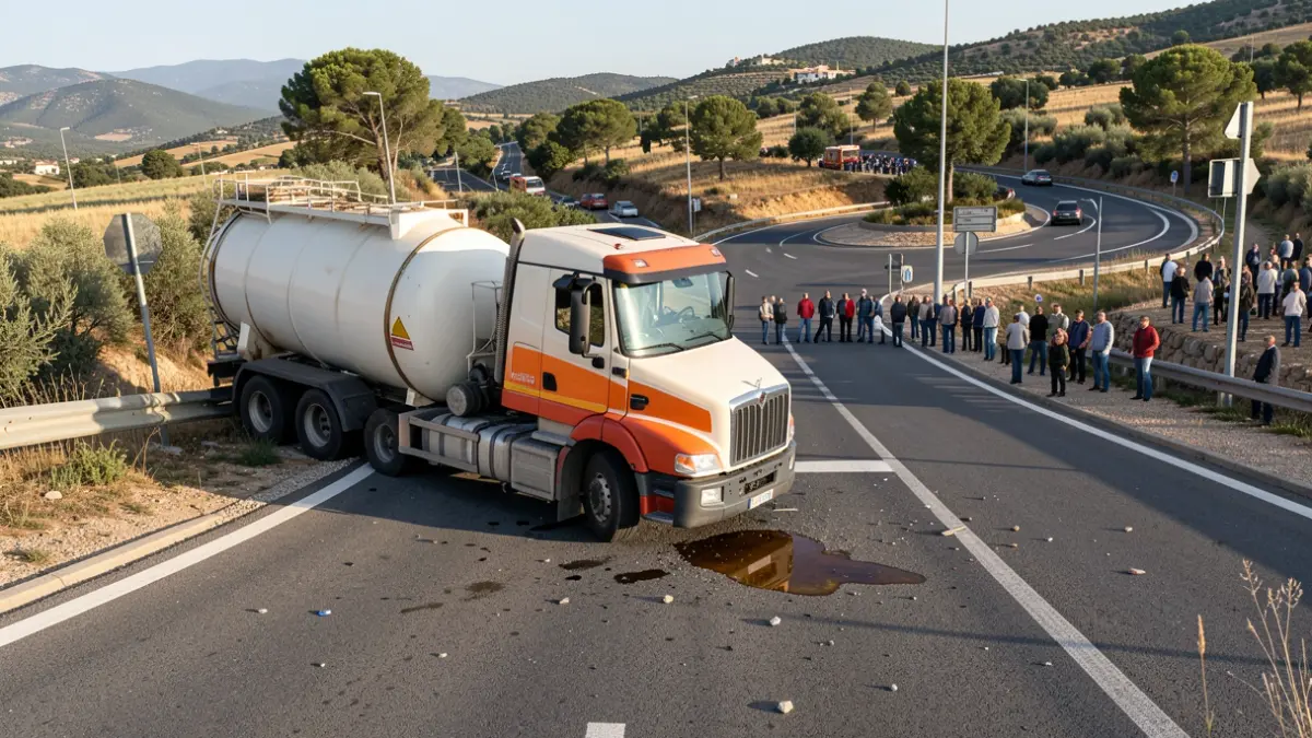 Imatge genèrica d'un camió bolcat en una eixida d'autopista.
