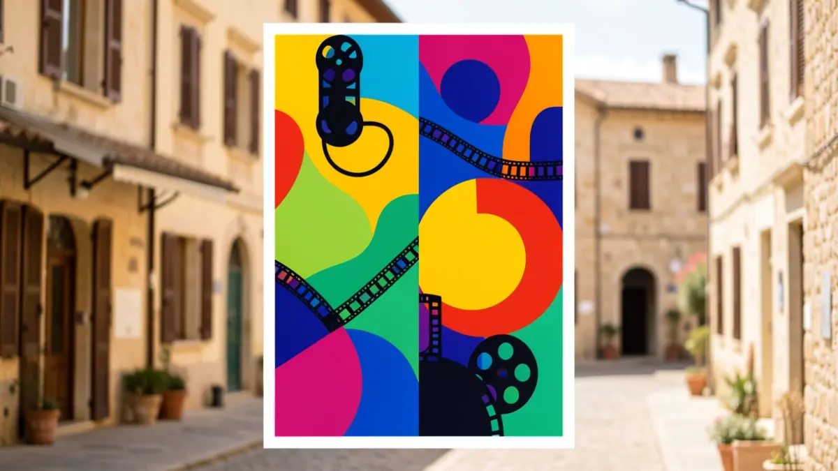 Cartel genérico de un festival de cine con elementos abstractos y fondo arquitectónico mediterráneo.