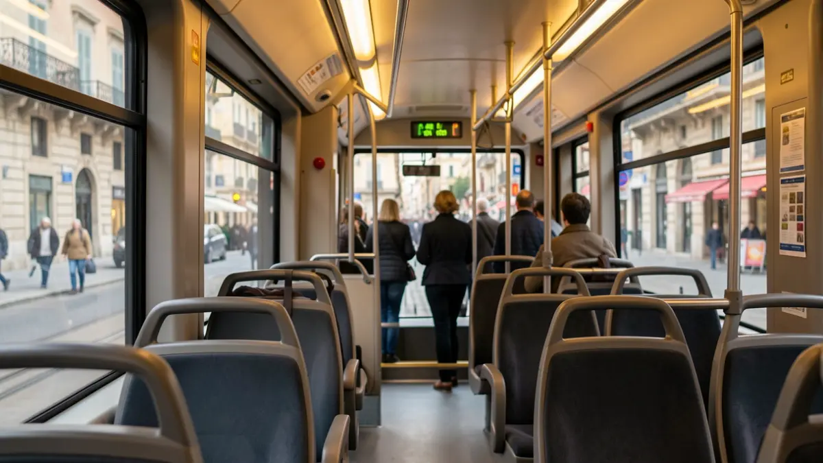 Imatge genèrica de l'interior d'un tram amb seients buits i vista de la ciutat al fons.