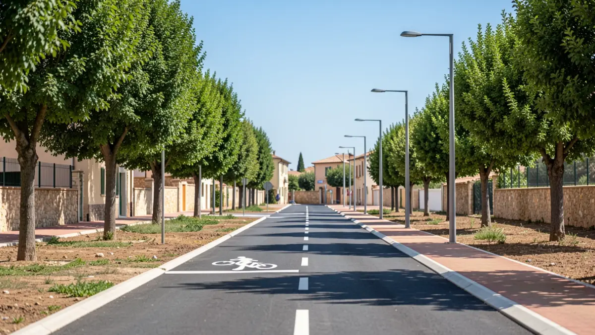 Generic image of a new cycle-pedestrian path with green areas and lighting.