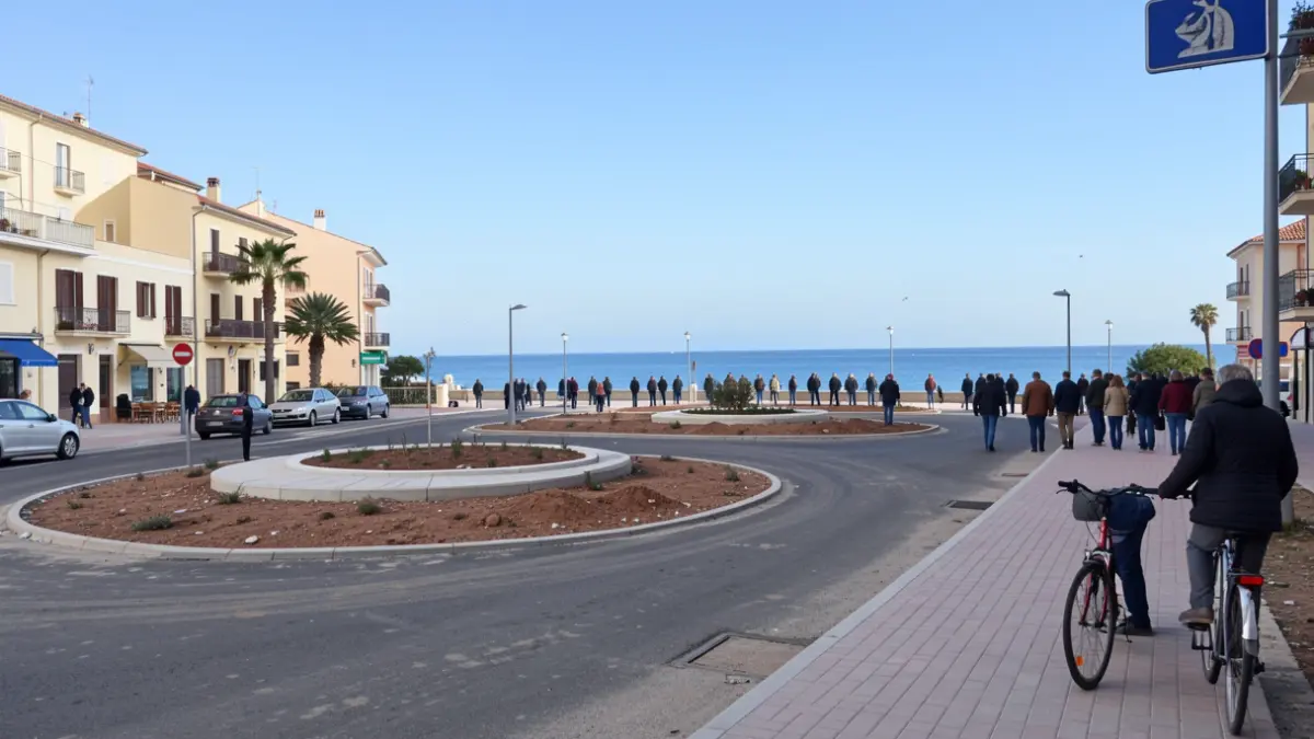 Imatge genèrica d'obres viàries a la costa mediterrània amb noves rotondes i un passeig ciclopeatonal.