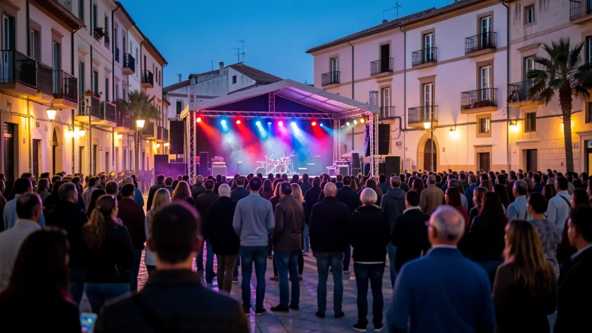Generic image of an outdoor stage in a Mediterranean city at dusk.