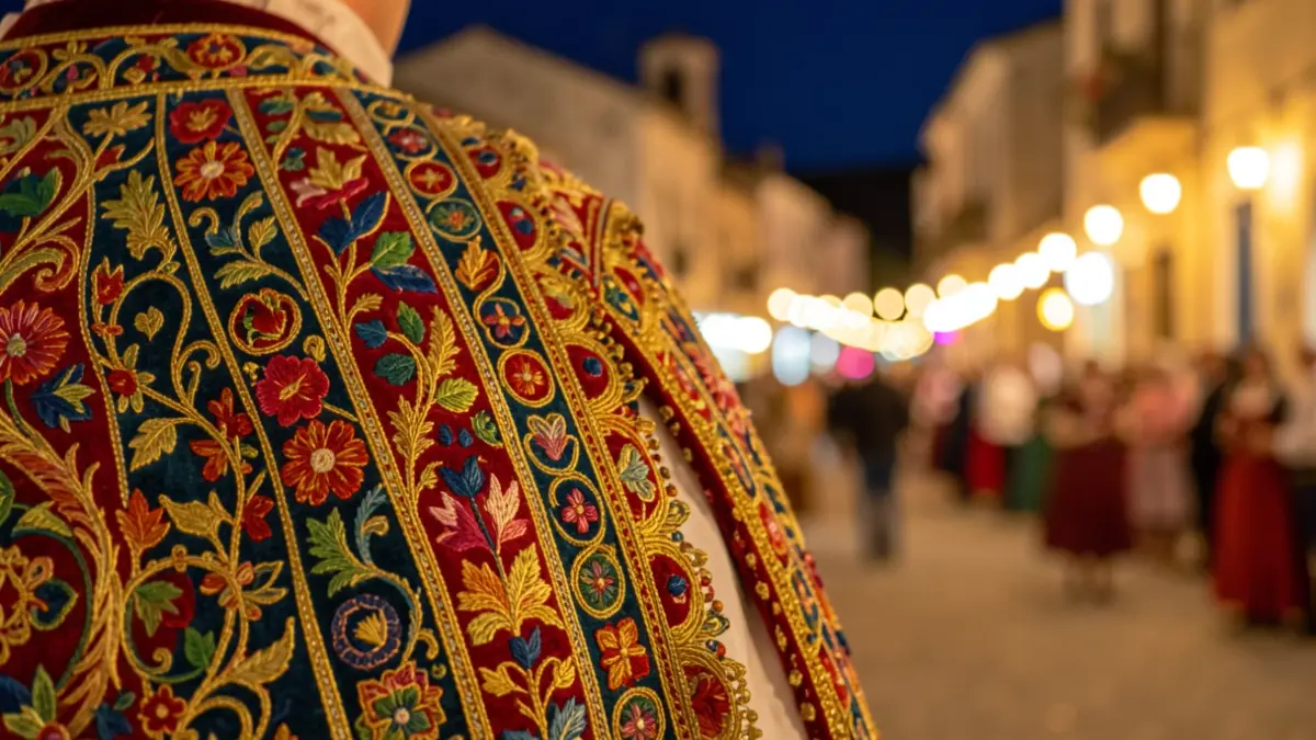 Detail of a traditional 'foguerer' or 'barraquer' costume with a blurred festive background.