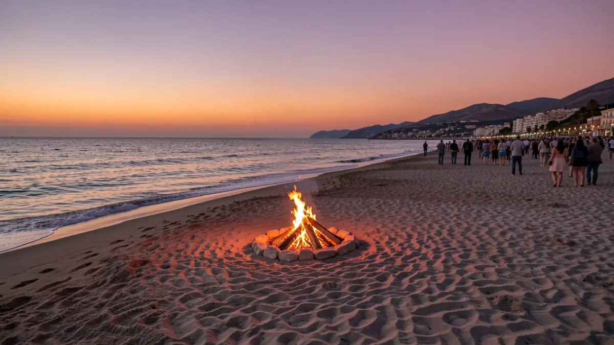 Generic image of a controlled bonfire on a Mediterranean beach at dusk.