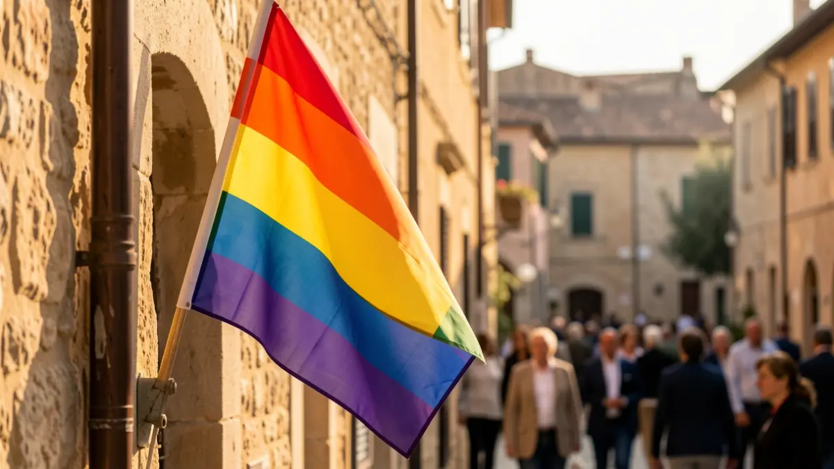 Imatge genèrica d'una bandera LGTBI integrada en arquitectura mediterrània.