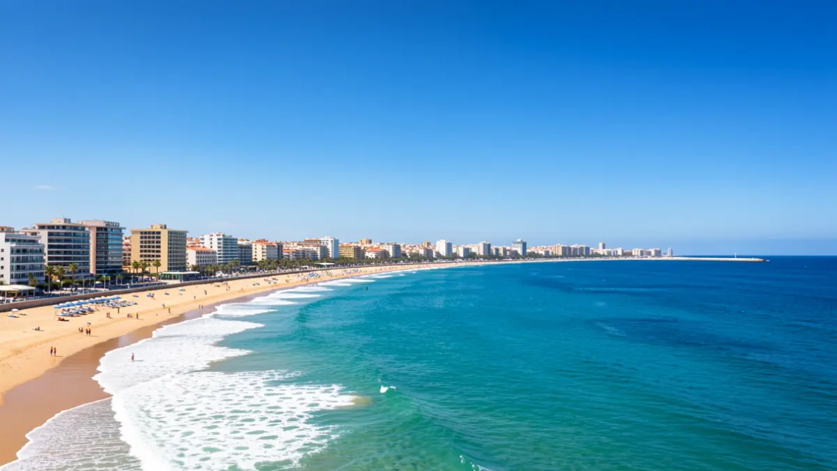 Panoramic view of Gandia's coastline with the beach and the Mediterranean Sea.