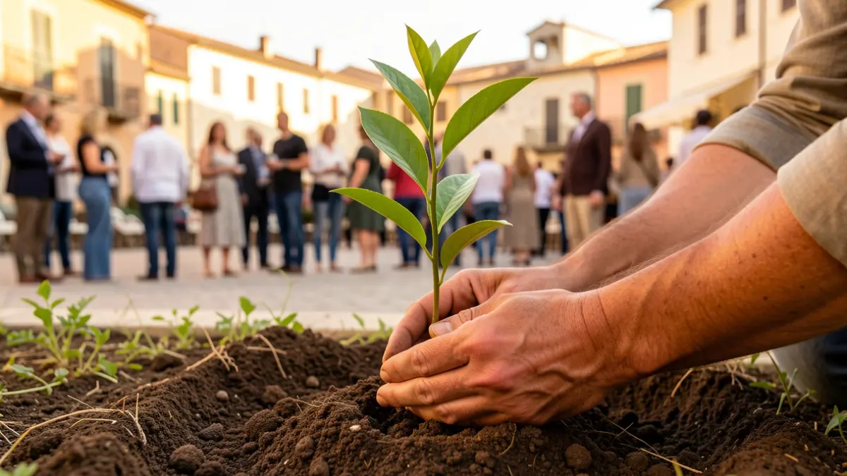 Imagen genérica de un árbol joven siendo plantado en tierra fértil, con un fondo difuminado de una plaza de ciudad mediterránea.