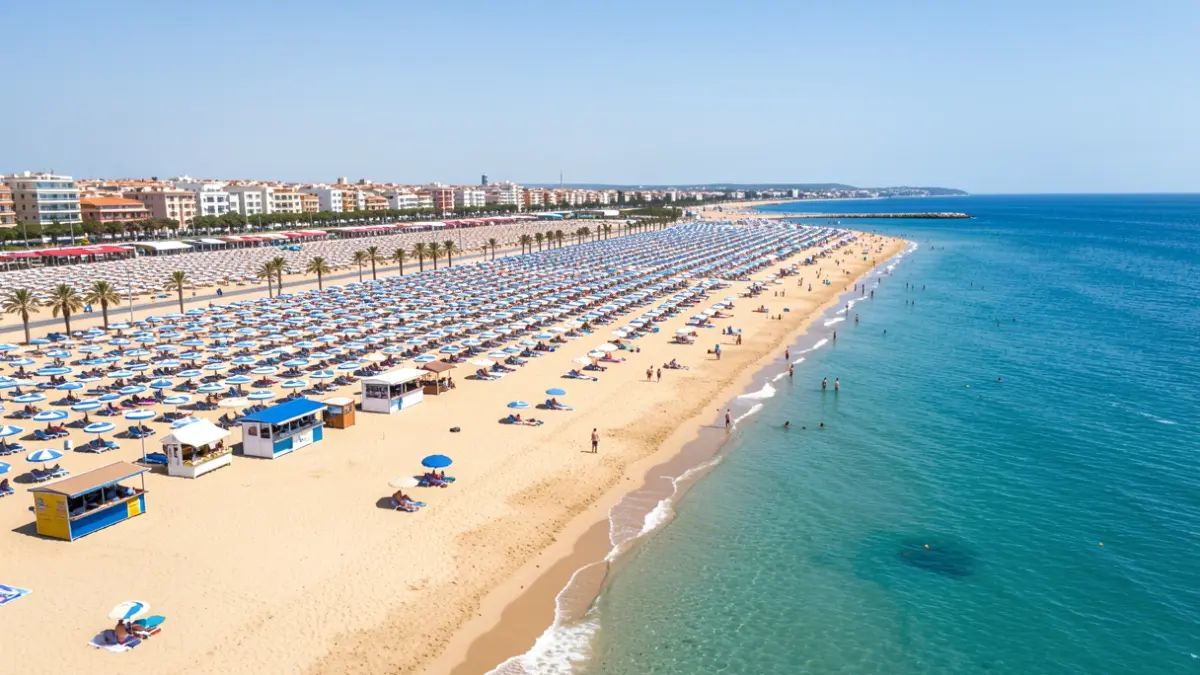 Aerial view of Gandia's Nord beach with numerous kiosks.