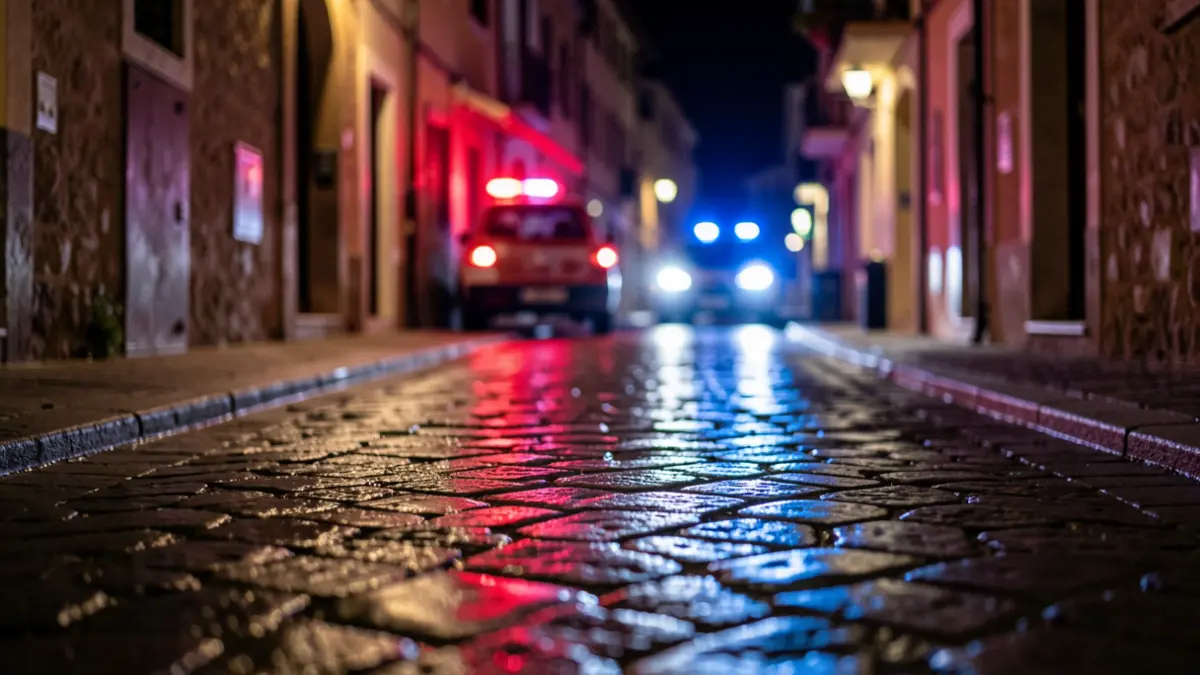 Imagen genérica de luces de emergencia reflejándose en asfalto mojado.