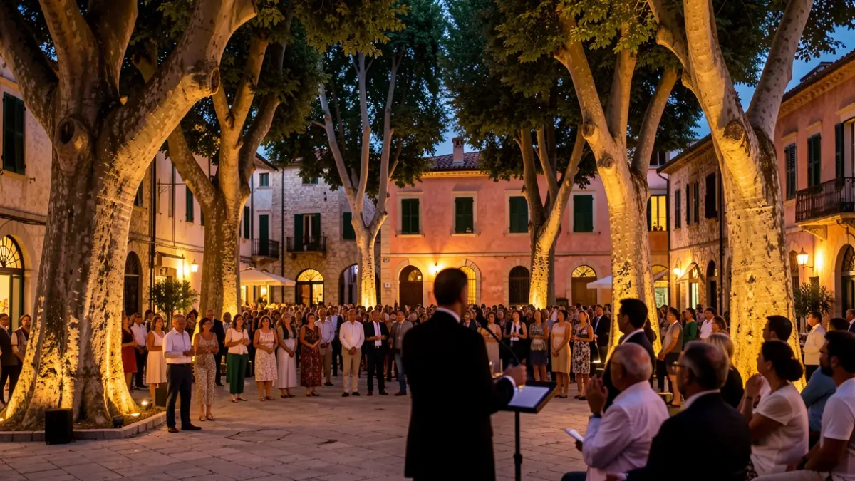 Imagen genérica de una plaza mediterránea iluminada al atardecer, con árboles monumentales y una figura hablando en un atril.