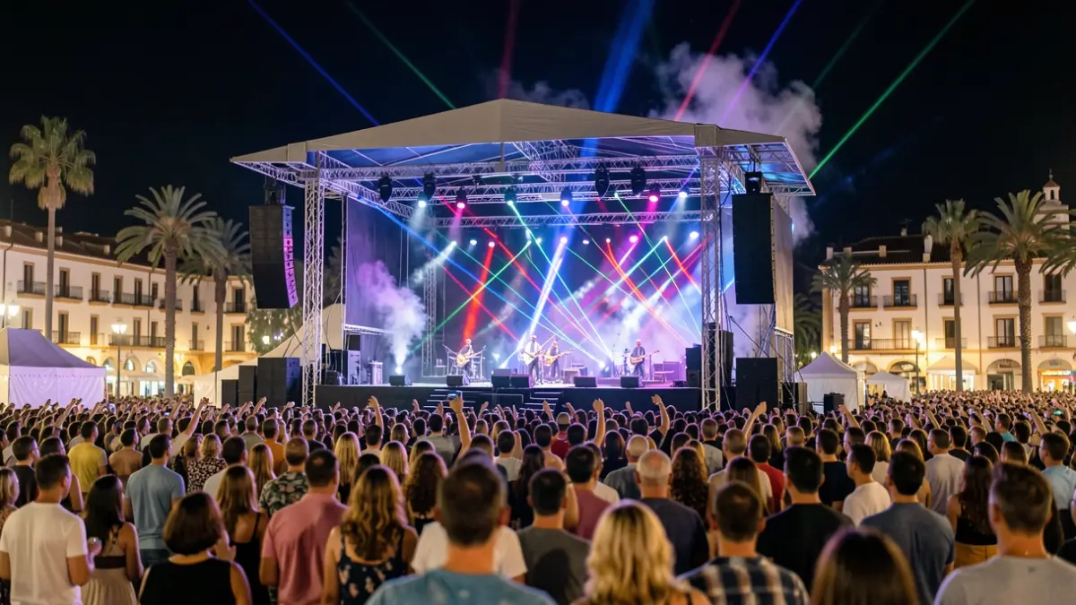 Imatge genèrica d'un festival de música remember a València amb llums làser i focs artificials.