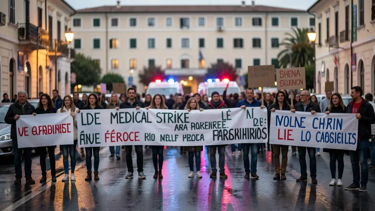 Imagen genérica de manifestantes frente a un hospital con luces de emergencia.